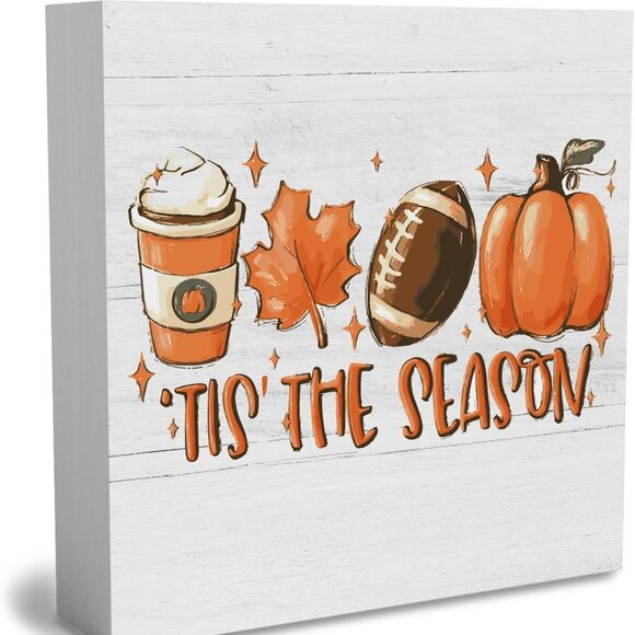 Rustic Tis' the Season" Pumpkin Wood Sign - Farmhouse Fall Decor, 5x5 Inch Block - Picture 1 of 6